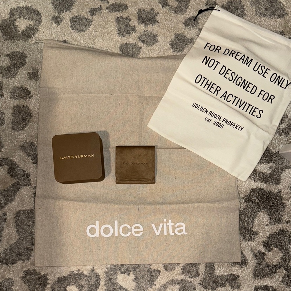 David Yurman bracelet box and golden goose and Dolce vita dust bag